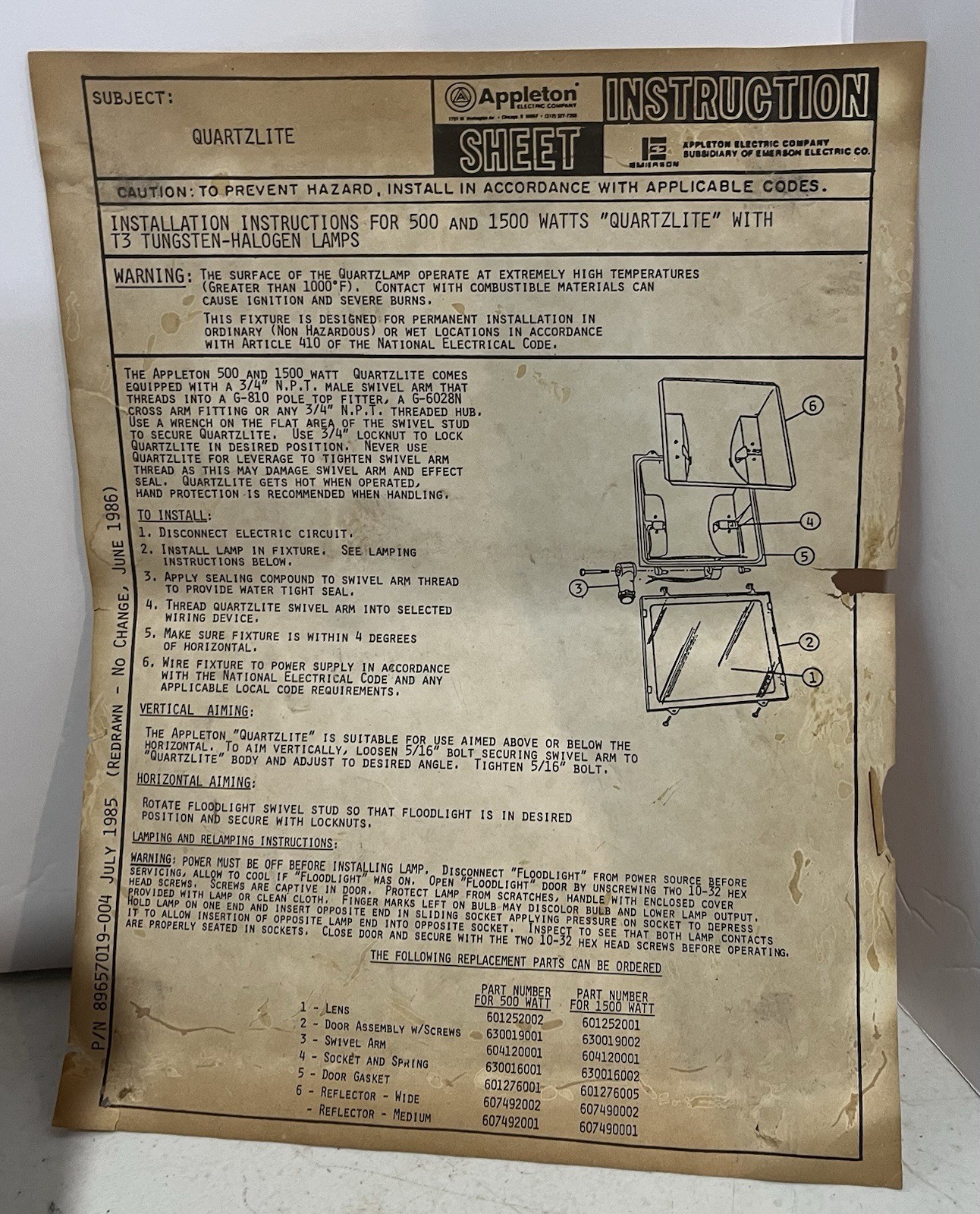 Appleton Quartzlite G-500F Halogen Flood Commercial Light Fixture w/ Wire &Plug
