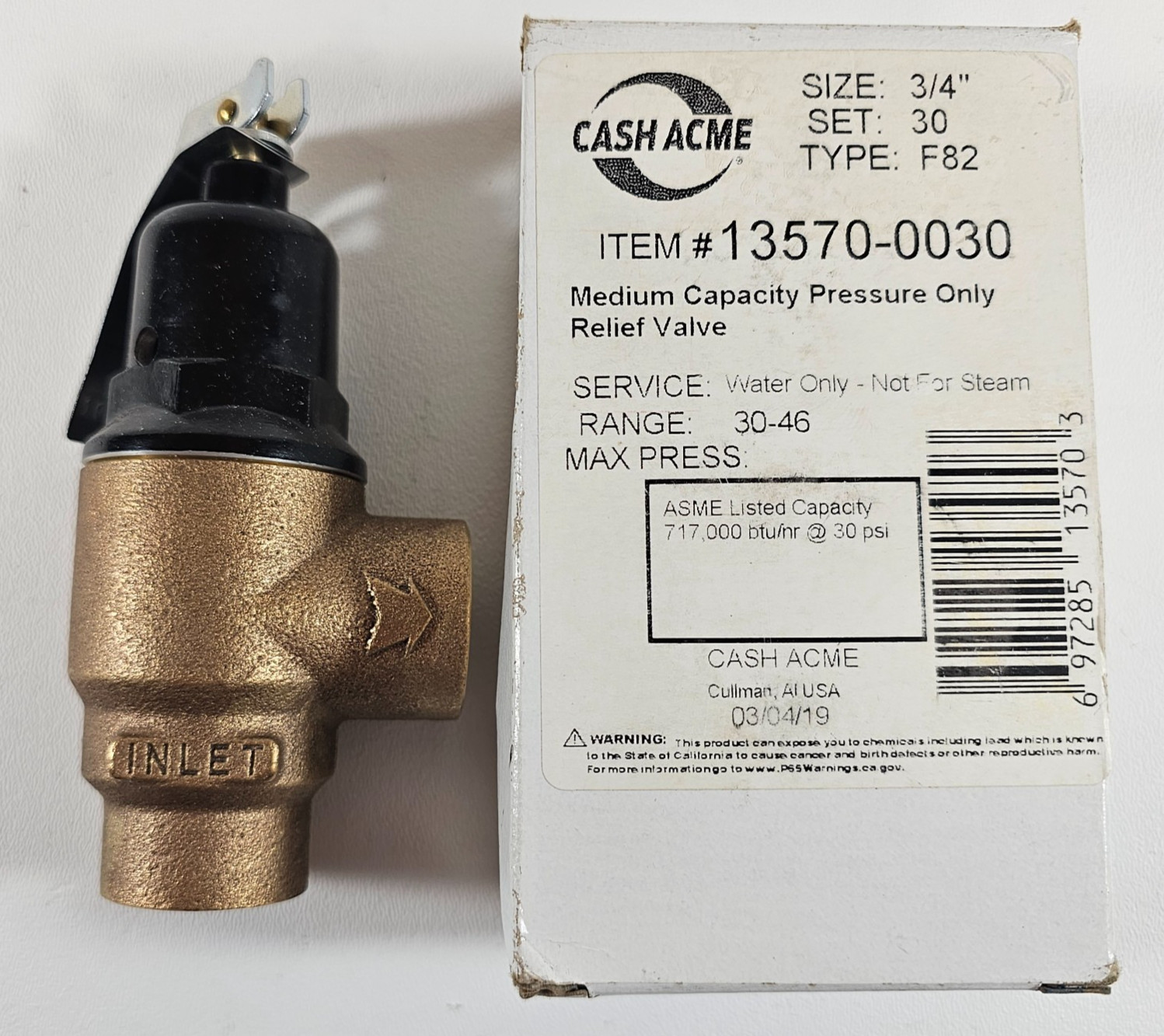 Cash Acme 13570-0030 F82 3/4″ 30 PSI Medium Capacity Pressure Relief Valve New