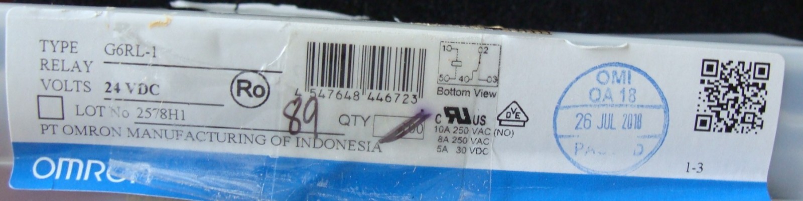 New 189 Omron G6RL-1 Relay, 24VDC(Volts). Made in Indonesia.