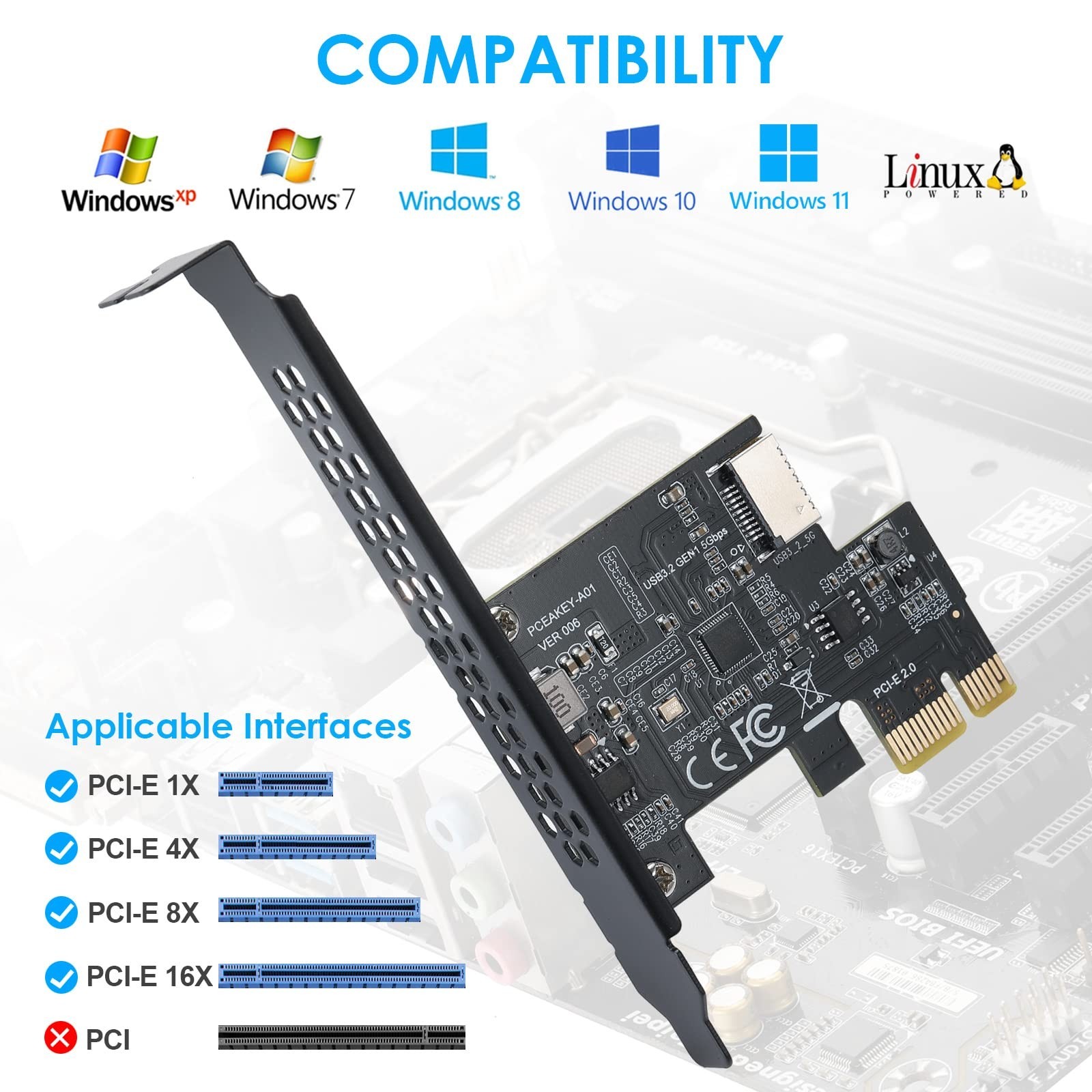 PCI-E 1X to USB 3.2 GEN1 5Gbps Type-E A-Key Expansion Card,Front Panel Type-C…