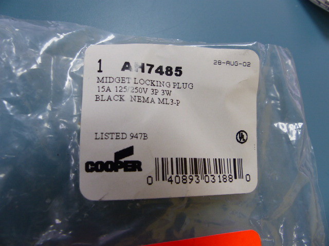 Cooper AH7485 Qty of 6 per Lot Midget locking plug; Arrow Hart Crouse Hinds ML3
