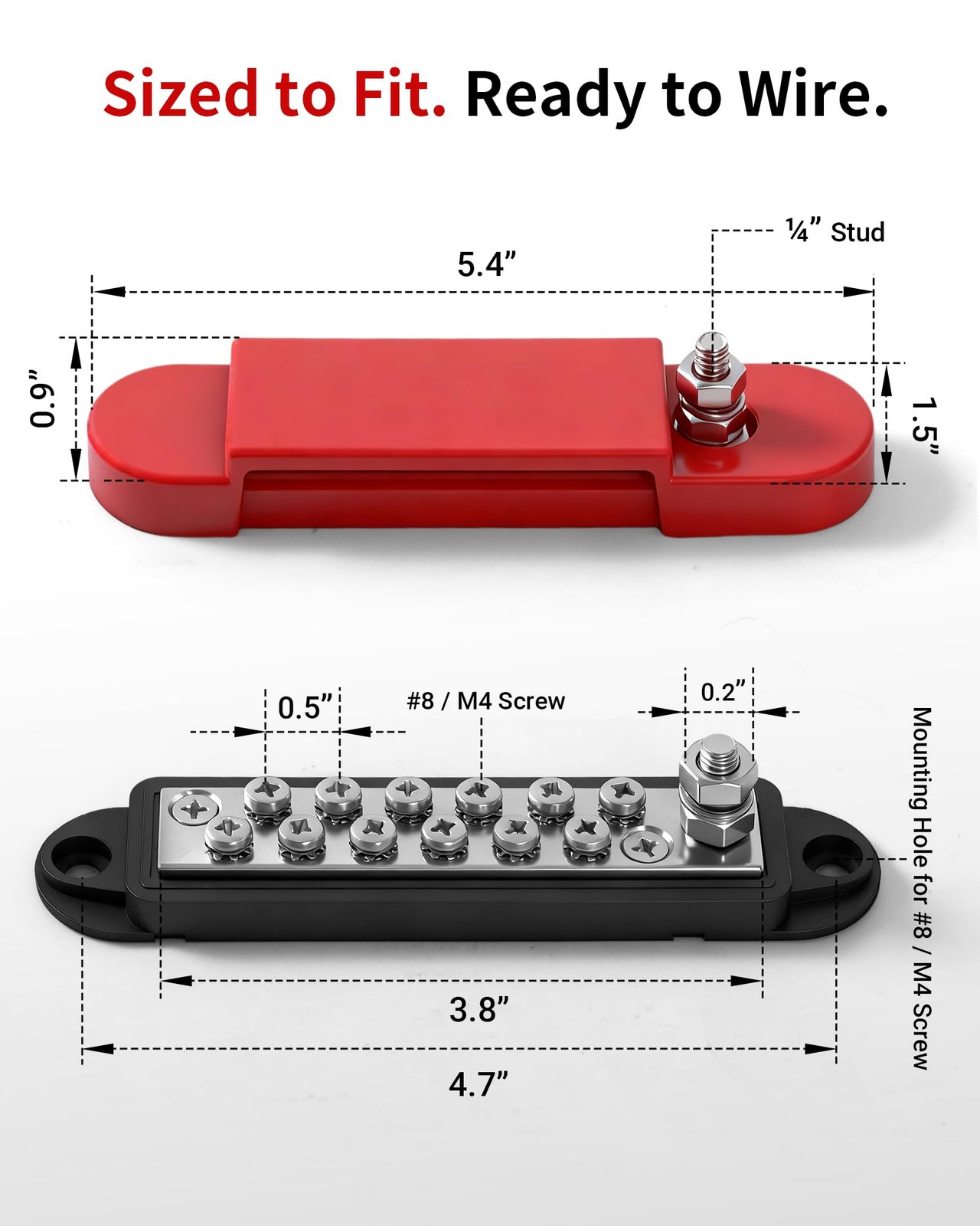 Avelis Bus Bar 12V 150A Power Distribution Block, 1/4 in Stud Red & Black