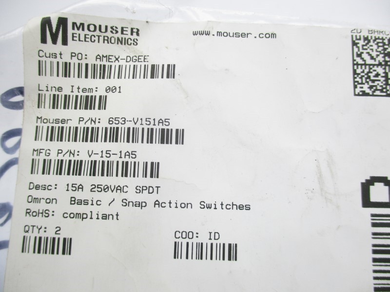 MOUSER ELECTRONICS V-15-1A5 250VAC 15A NSNP