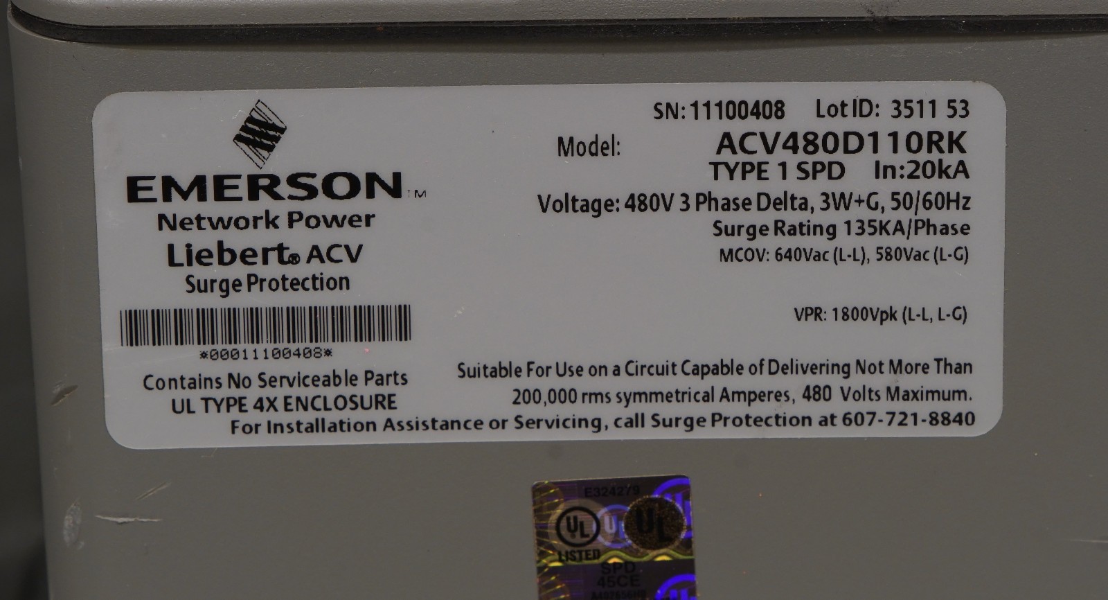 Emerson Liebert ACV480D100RK Surge Protector (R11)