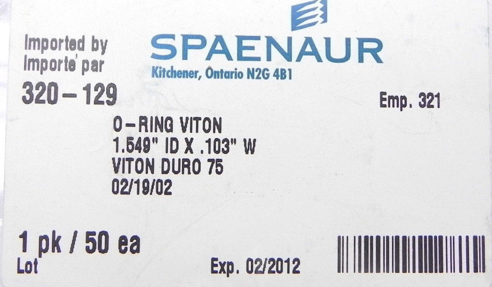 Spaenaur O Ring Viton 75 Duro Black 320-129 (50 Pcs)
