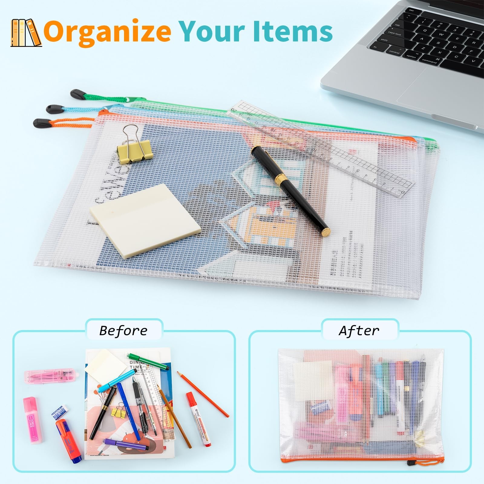 Umriox 24 Pack 12 Colors Zipper Pouches for A4 (13.0×9.0 in), 24p-12c