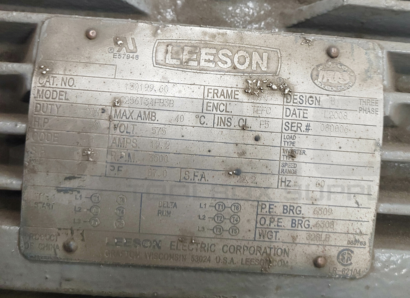 REFURBISHED LEESON C256T34FB3B MOTOR 256T 20HP 3500RPM 575V 19.2A 3PH 150199.60