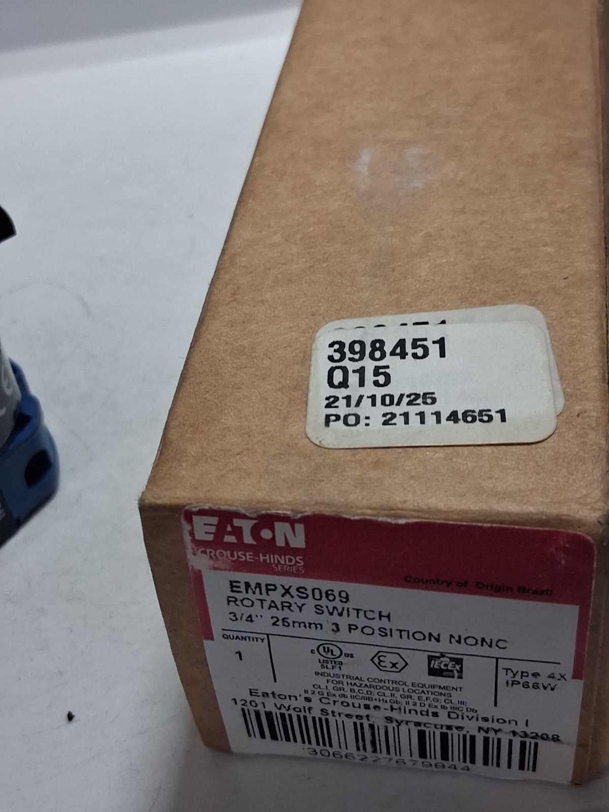 EATON EMPXS069 ROTARY SWITCH OPERATOR 3 POSITION 1NO/1NC BLOCK NIB