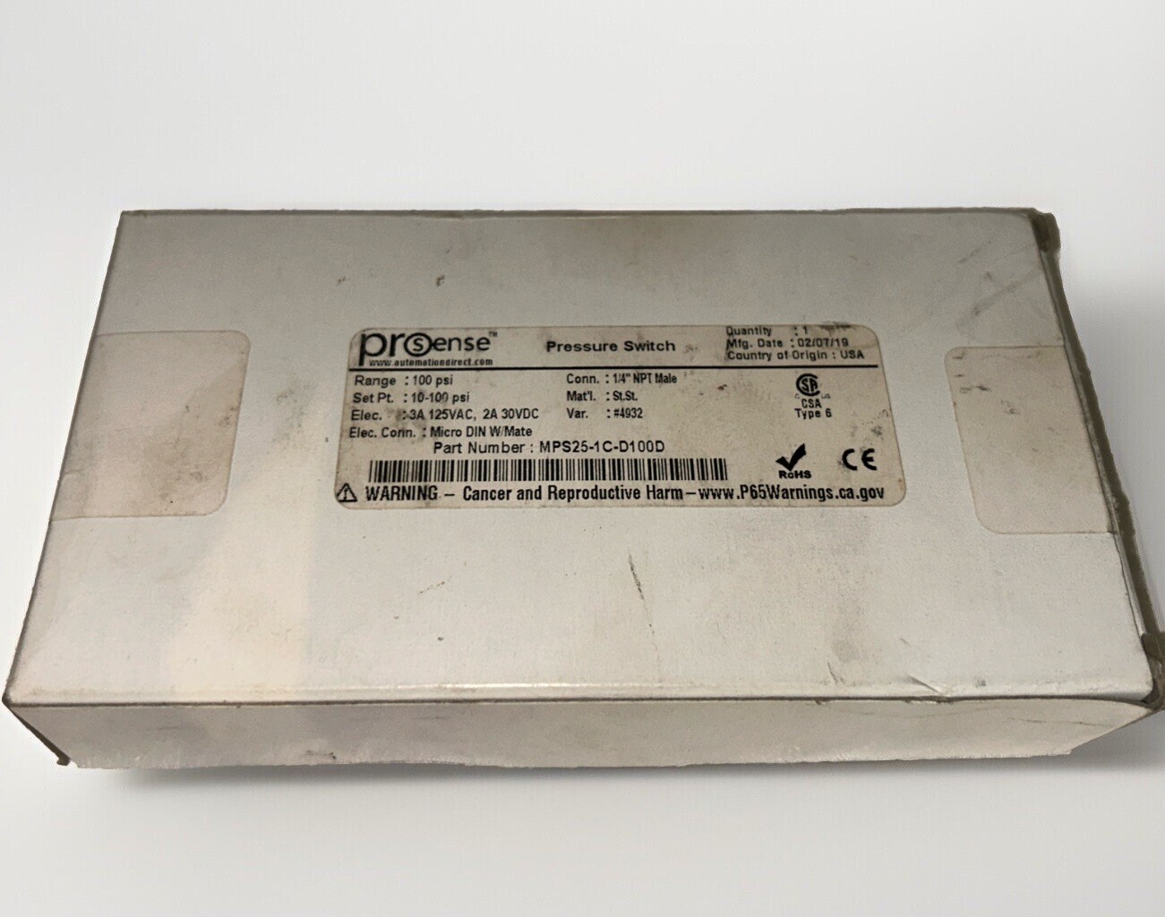 PROSENSE MPS25-1C-D100D 125VAC 3A 10-100PSI. NEW! AB