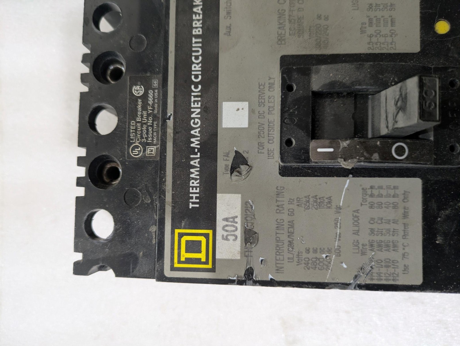 Square D FH36050 50A 600VAC 3-Pole I-Line Thermal Magnetic Circuit Breaker OEM