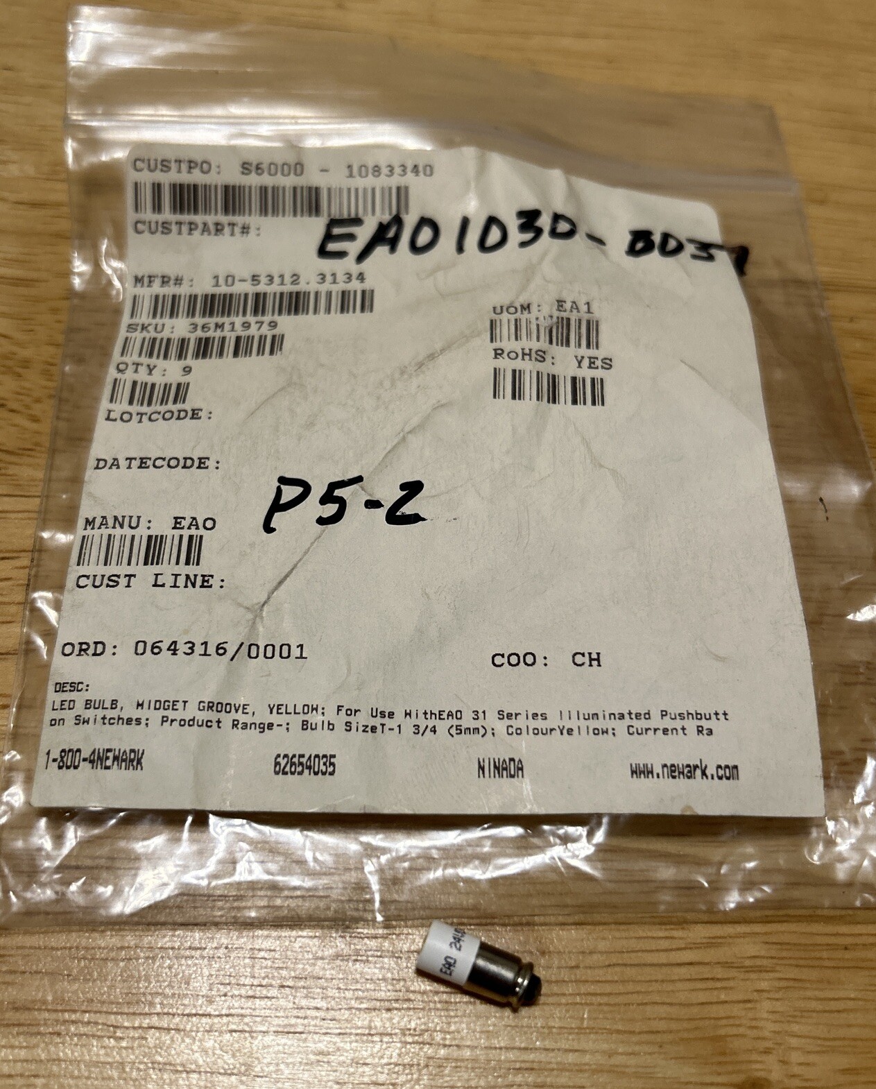 Qty 1 EAO LED Yellow Bulb For 31 Series Push Button Switches 10-5312.3134 24V