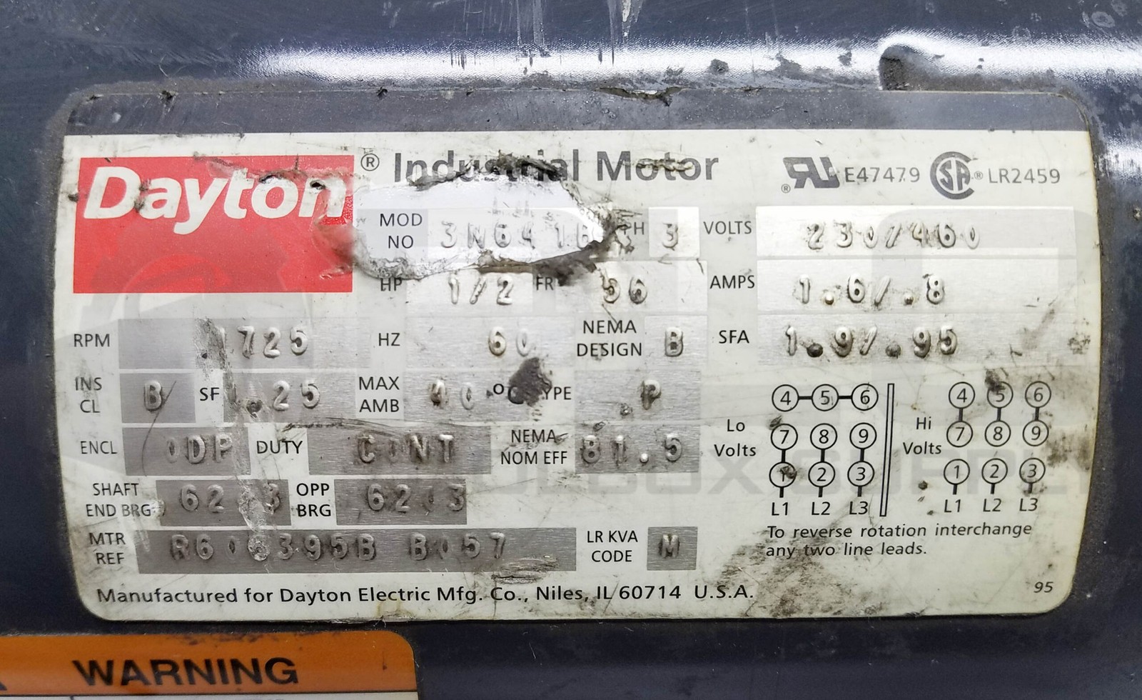 DAYTON 3N641B MOTOR 1/2HP 3PH 1725RPM FR: 56