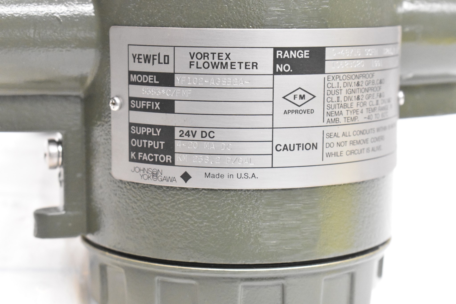 Johnson Yokogawa Yewflo Vortex FlowMeter YF102-AGSB2A-S3S3*C/F MF 24VDC