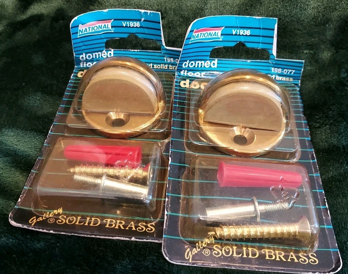 LOT 2 Solid Brass Floor Mount Door Stops ~ National 198-077 ~ NEW NOS Vintage