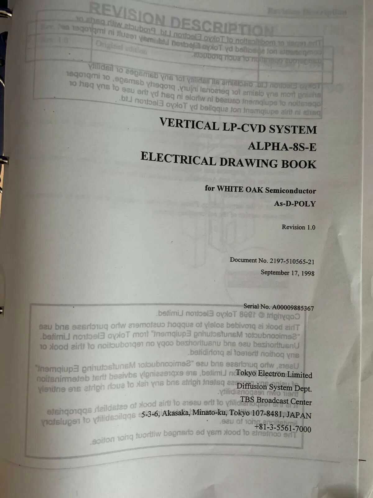 Tokyo Electron ALPHA-8S-E Vertical LP-CVD As-D-Poly Electrical Drawing Book