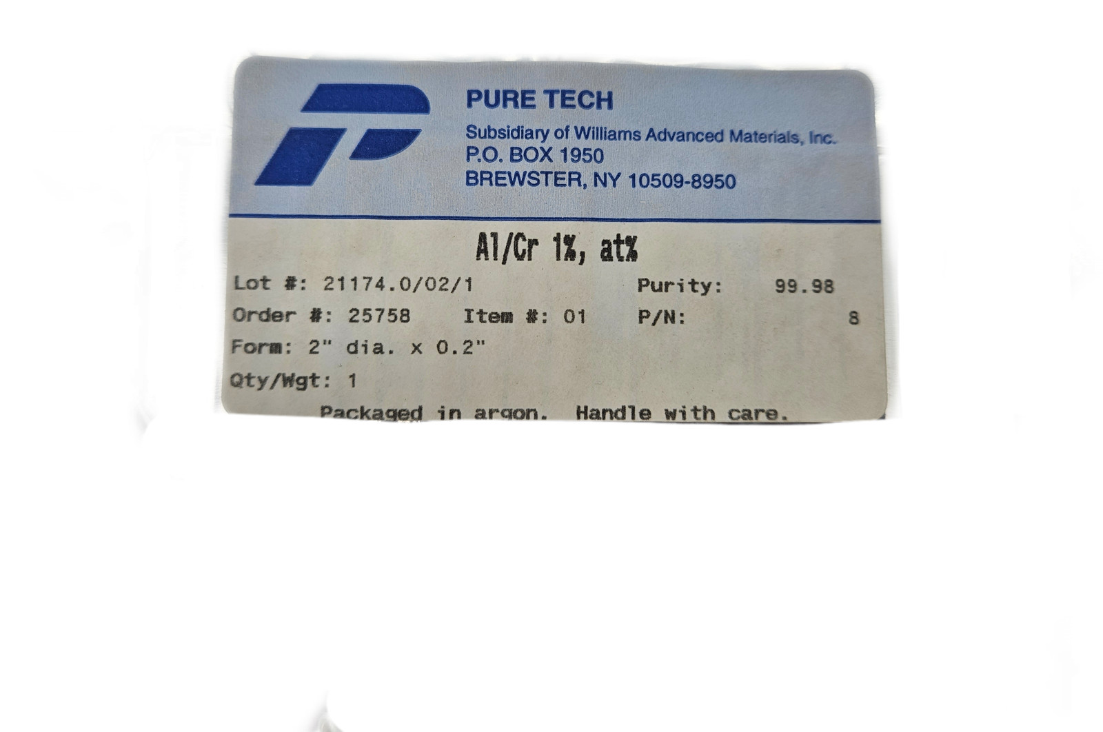 Pure Tech Al/Cr Sputtering Target 2in Diameter 0.2in Thick 99%