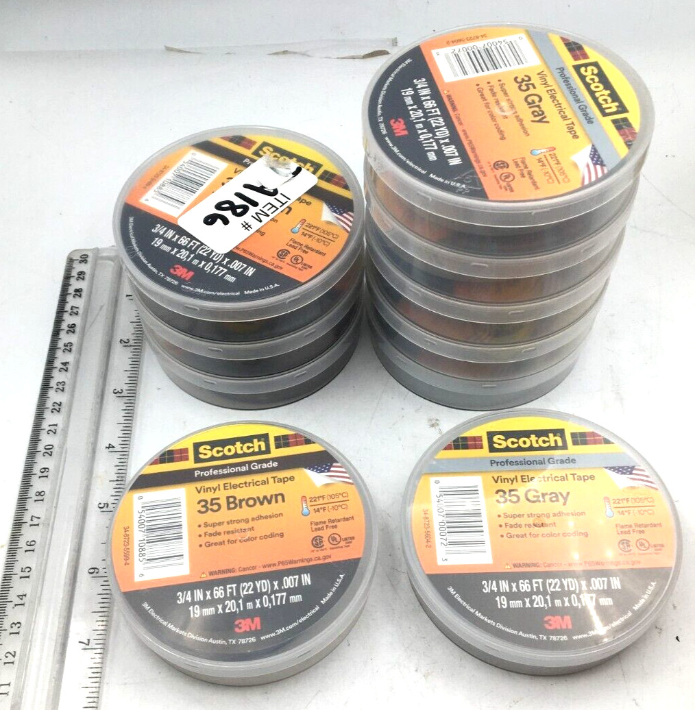 Scotch Lot of 10 Professional Grade Vinyl Electrical Tape Brown, Gray 3/4″ x 66′