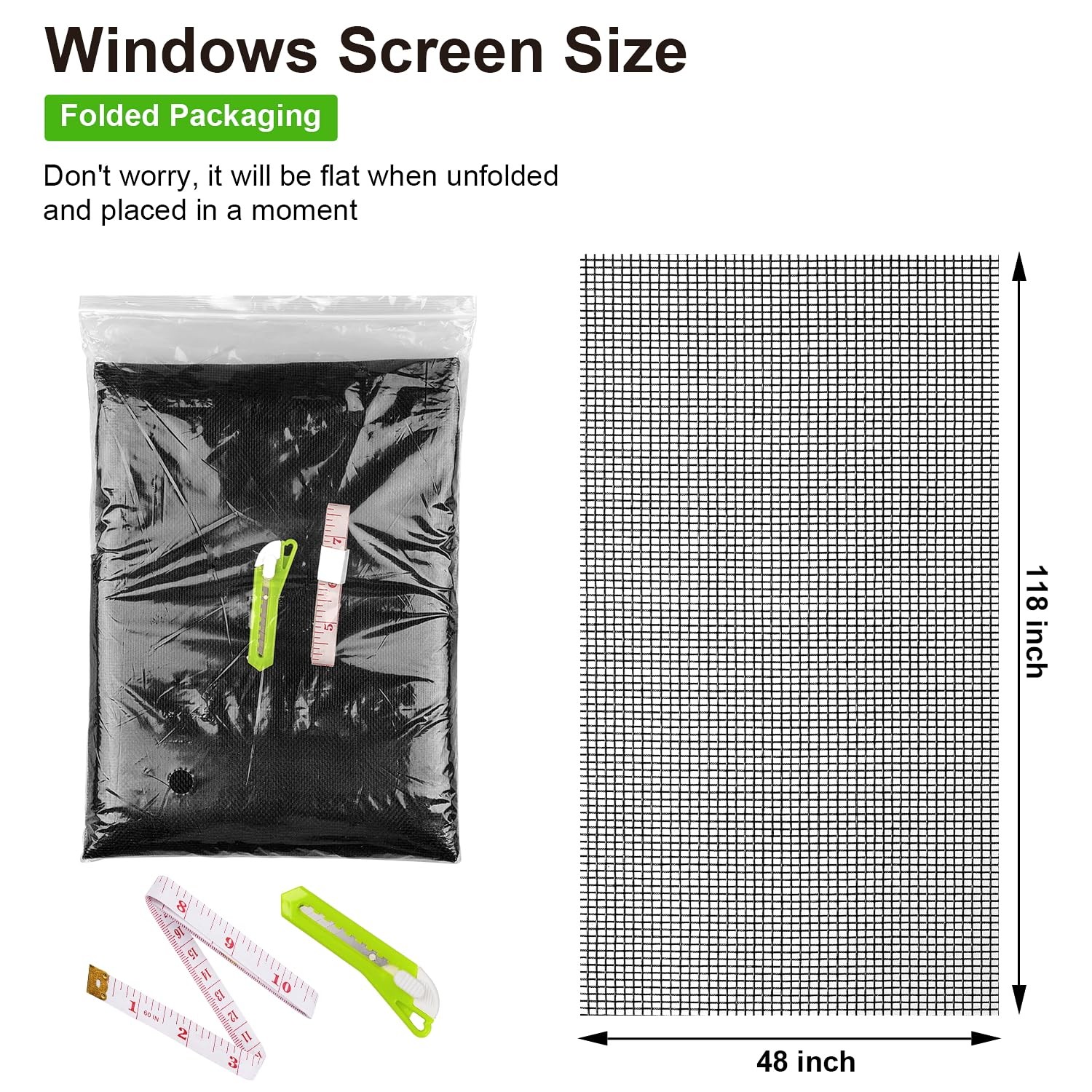 Ouskr Replacement Window Screens Kit, 48X118 Inch 48″x118″Black+Tool, Black