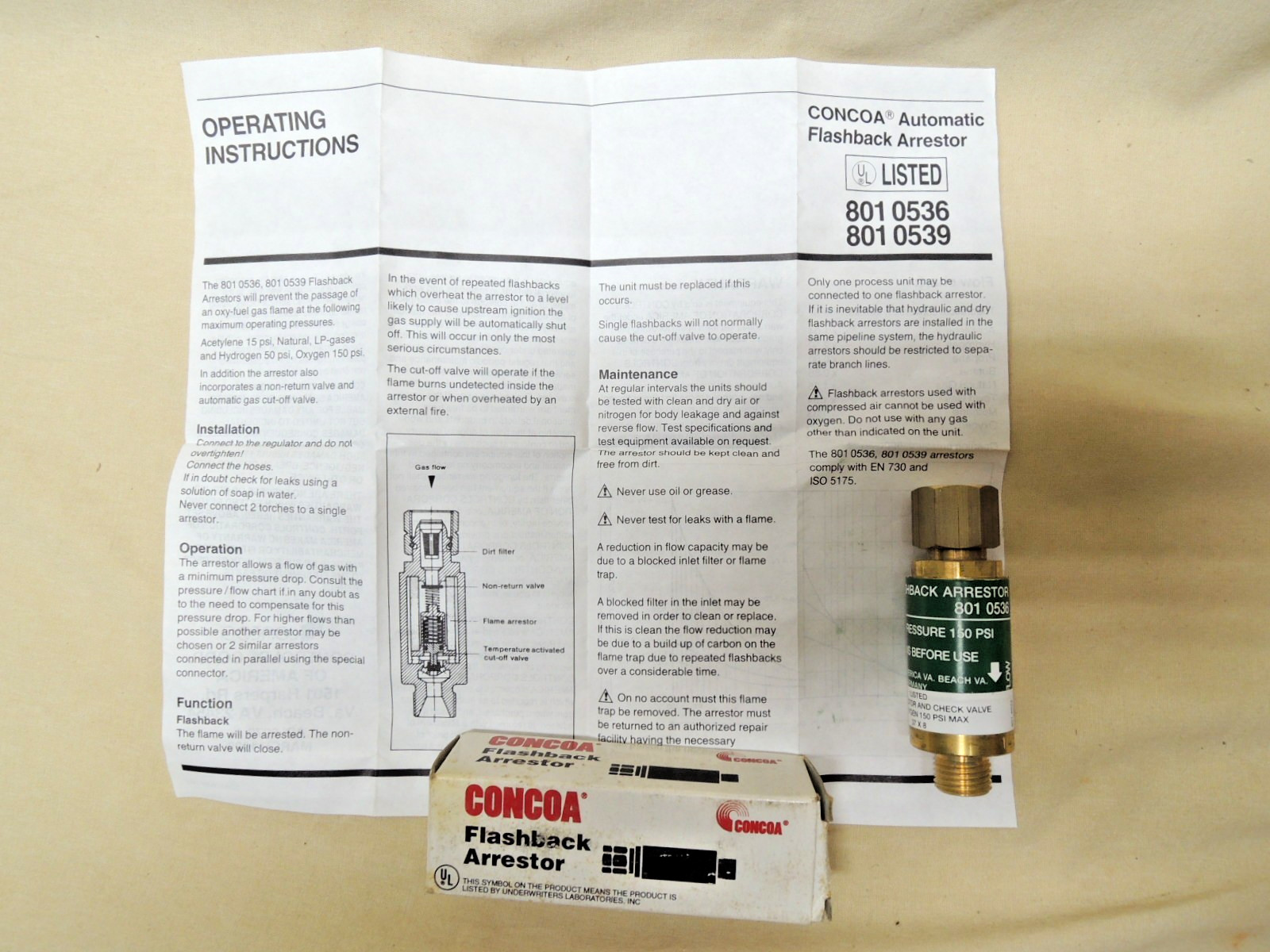 Concoa Flashback Arrestor Oxygen 801 8536 New