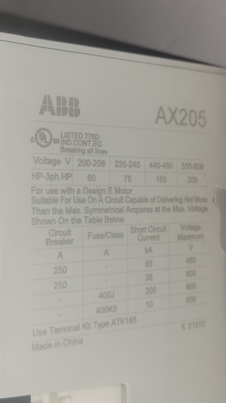 ABB AX205-30-11-84 contactor 1SFL501074R8411 110V 50Hz/110-120V 60Hz