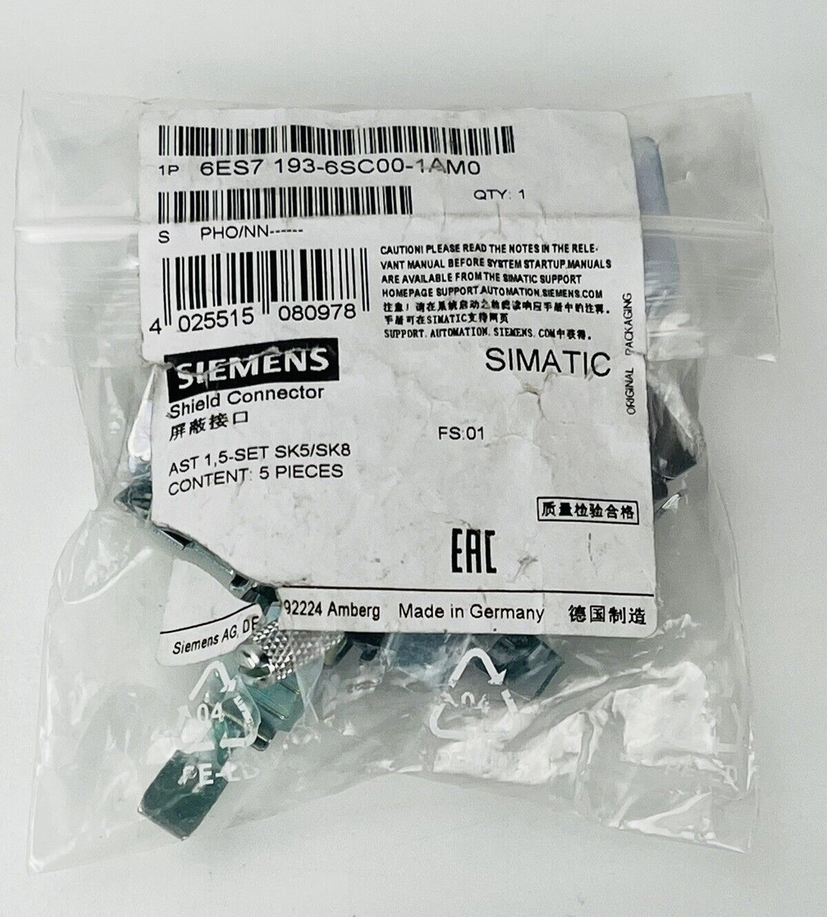 NEW! Siemens 6ES7 193-6SC00-1AM0 Shield Connector 6ES71936SC001AM0 (Pack of 5)