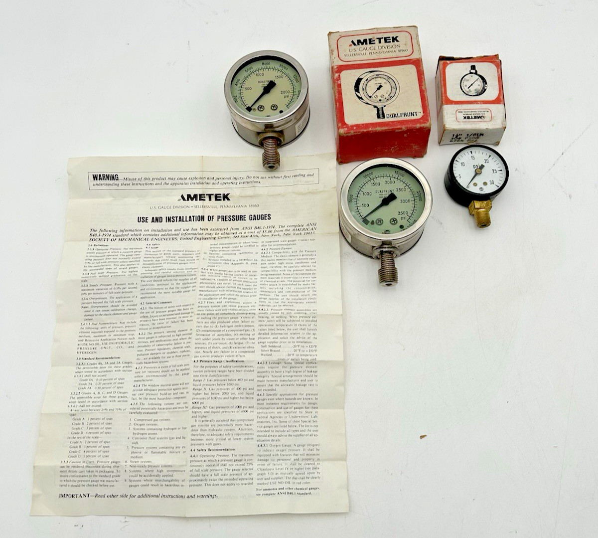 Lot of 3 Ametek Dual Frunt Pressure Gauges 3500/2000/30 PSI