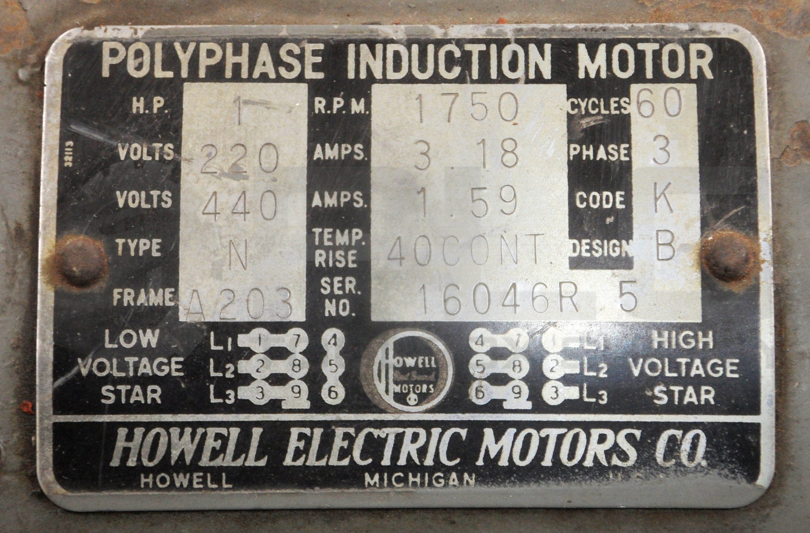 HOWELL ELECTRIC 16046R5 POLYPHASE INDUCTION MOTOR 1HP 1750RPM 60CYC 220/440V