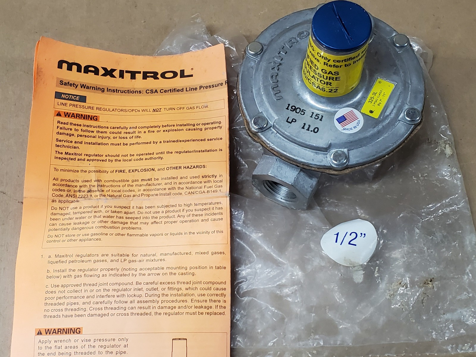 Maxitrol Gas Regulator 1/2″ for LP Propane Gas (only)