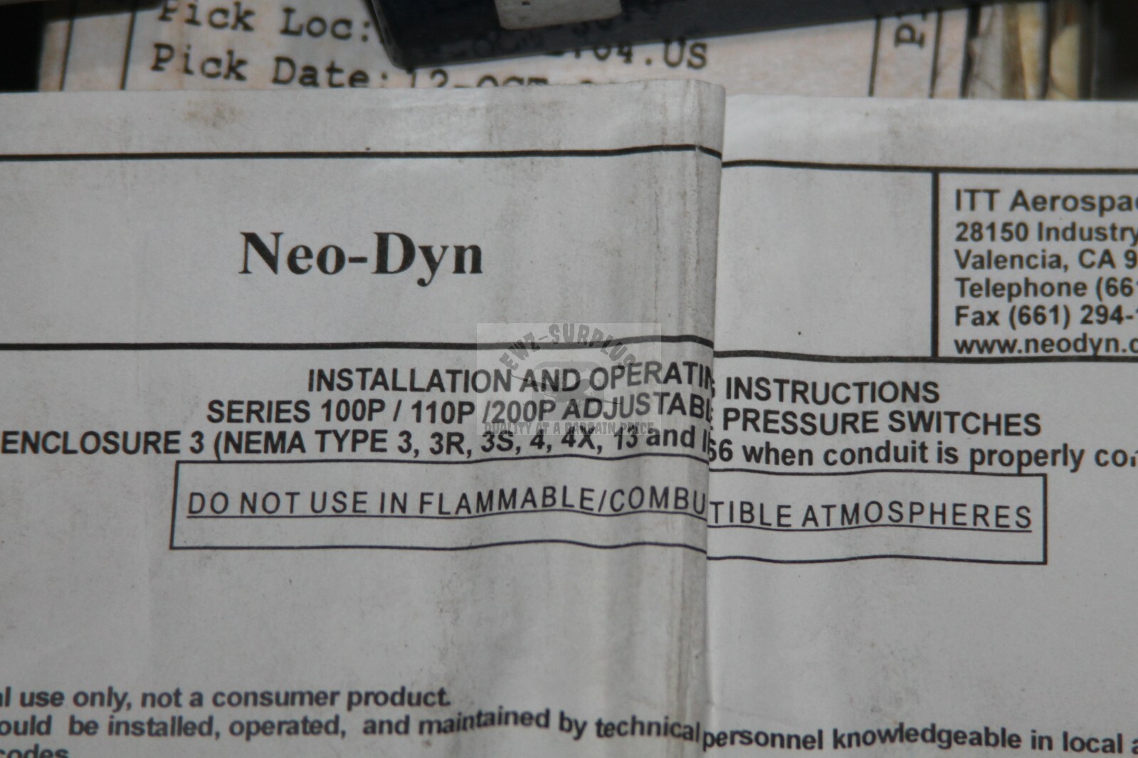 LOT 2 NEW OLD STOCK! NEO-DYN 15-150PSIG ADJUSTABLE PRESSURE SWITCH 100P42CC3BX