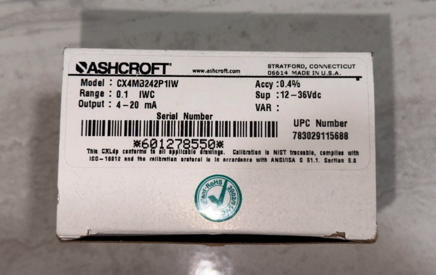 Ashcroft CX8MB2425IW Differential Pressure Transmitter 0-5inWC 4-20mA 12-36VDC