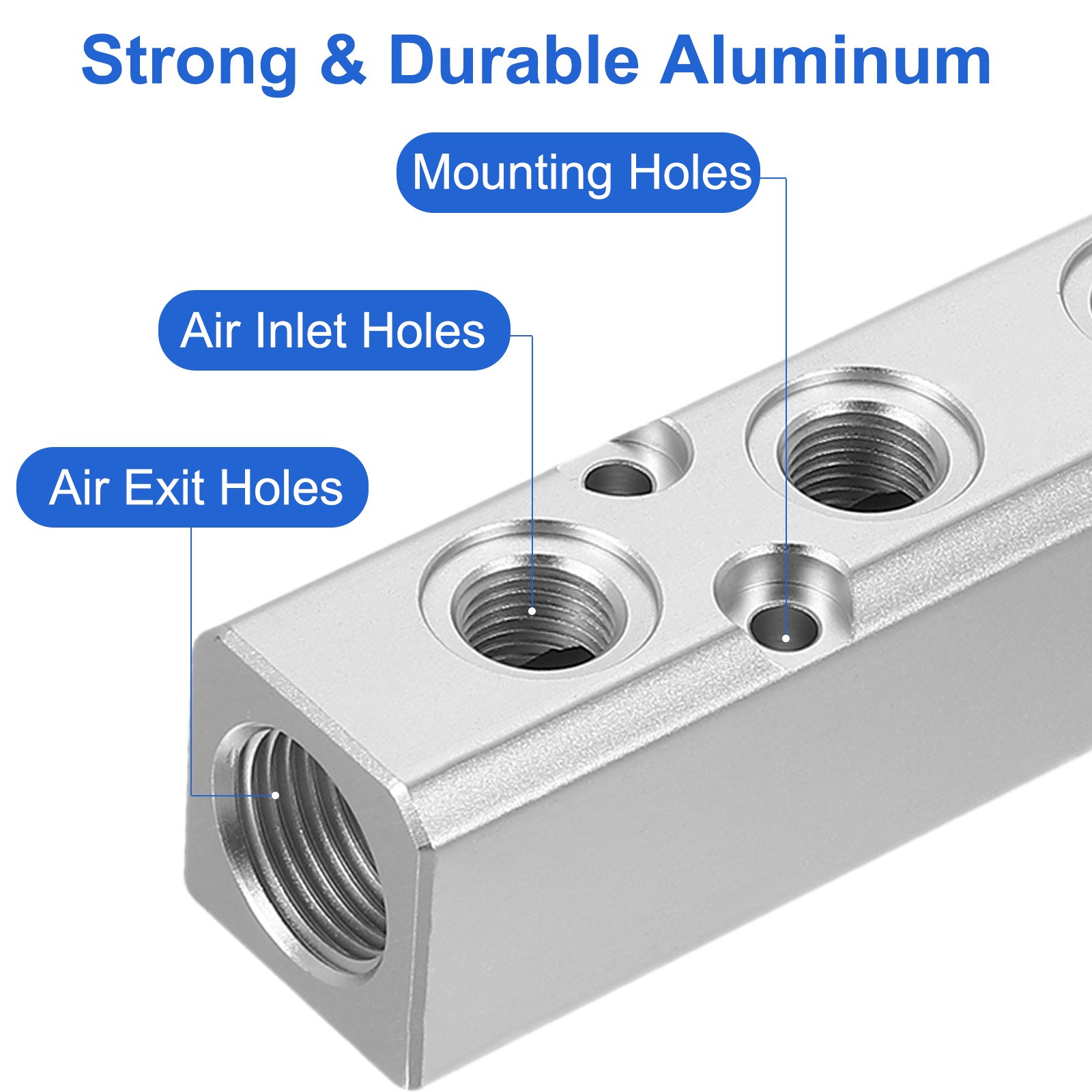 6 Way 8 Port 1/4″ Output Port 1/2″ Supply Port Air Hose Inline Manifold, Silver