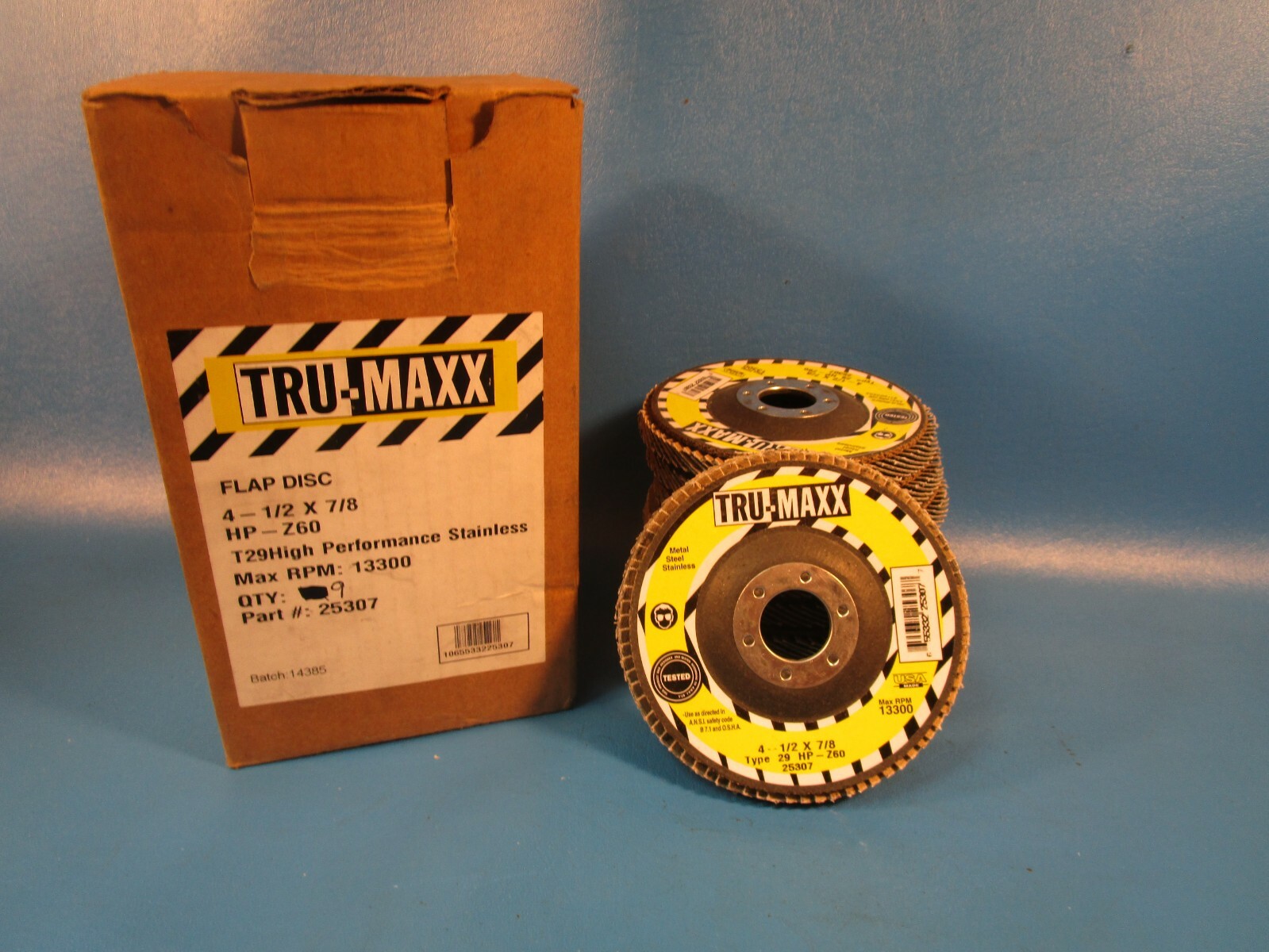 Box of 9 Tru Maxx 25307 Flap Disc, 4 1/2″ OD, 7/8″ ID, Type 29 Zirconia Alumina