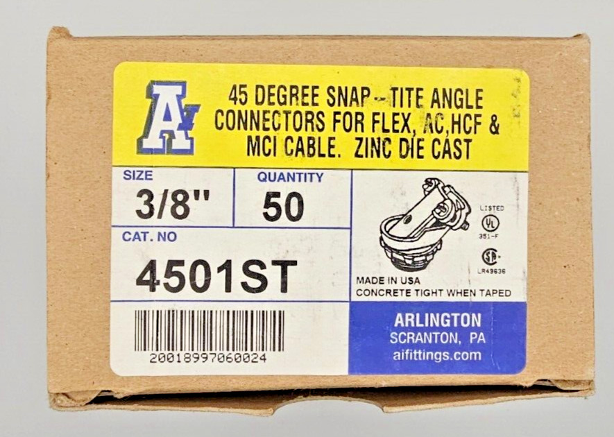 Arlington 4501ST 3/8″ Case of 50 Snap-Tite Angle Connectors 45 Degree .445-.610