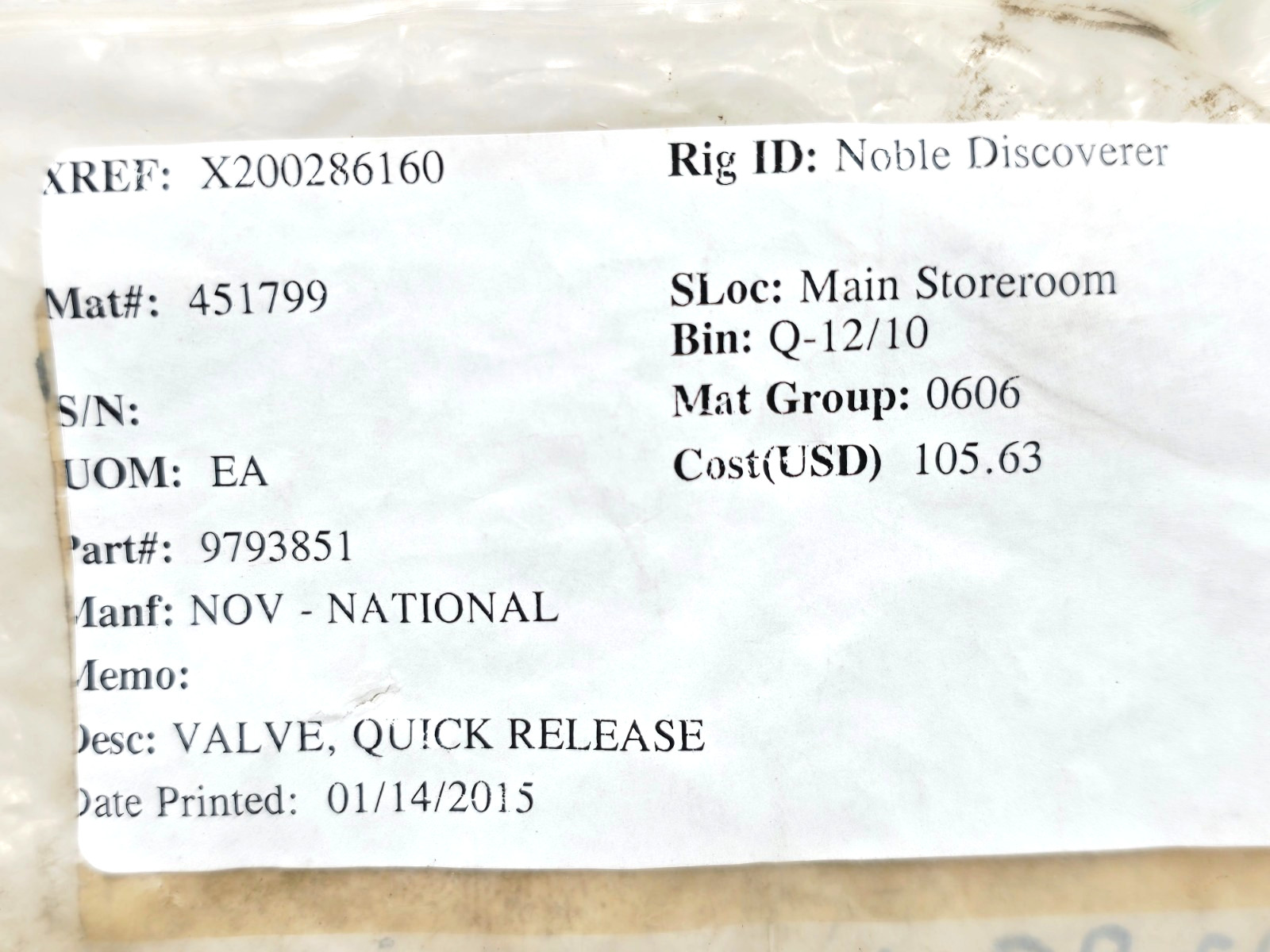 9793851 QUICK RELEASE VALVE NOV VARCO 979385-1
