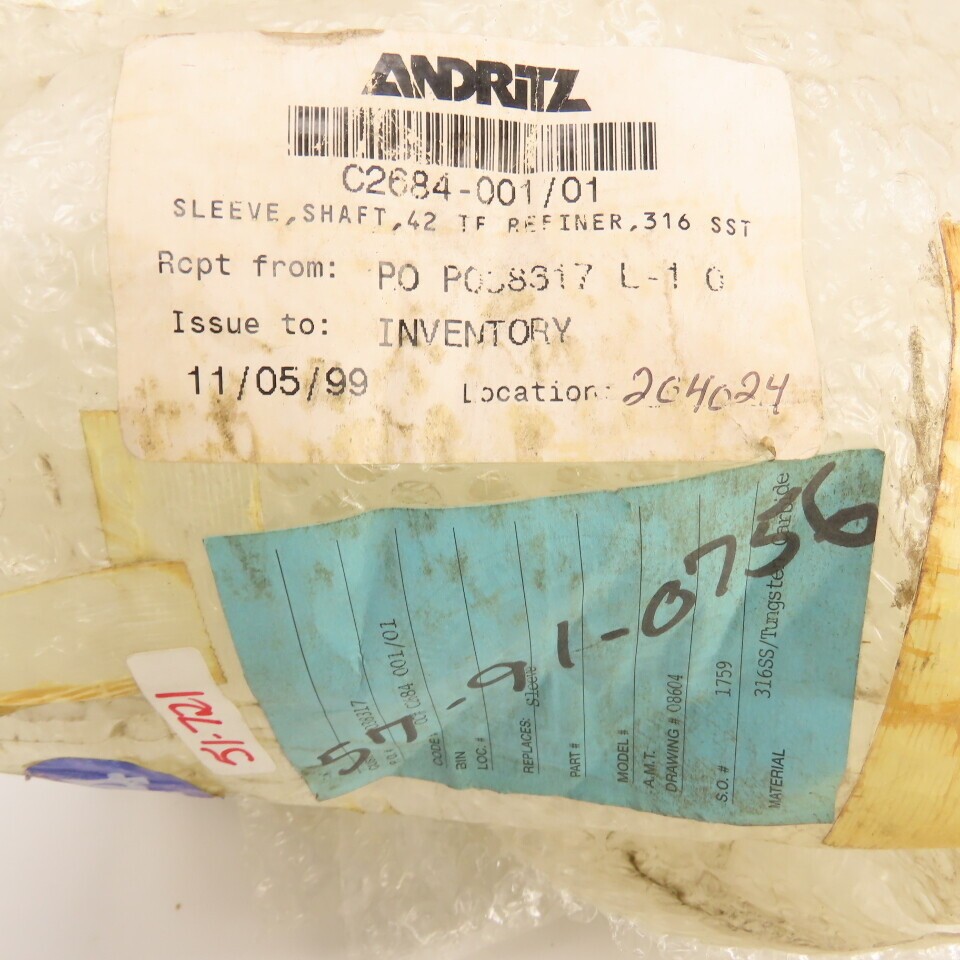Andritz C2684-001/01 316 SS TC Shaft Sleeve 42 IF Refiner 13″ Long x 8″ OD