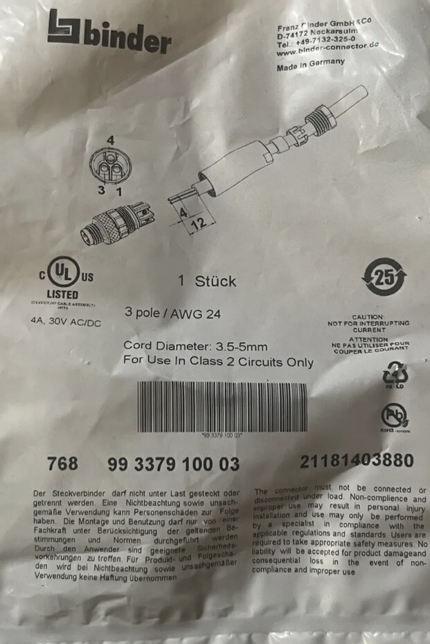 Binder 99-3379-100-03 M8 Cable Connector Plug 3 Contacts 3 Pole