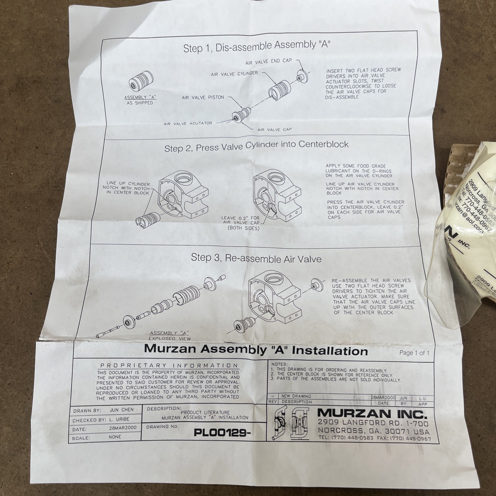 NEW OLD STOCK! MURZAN AIR VALVE ASSEMBLY 3016458 Drawing # PL00129