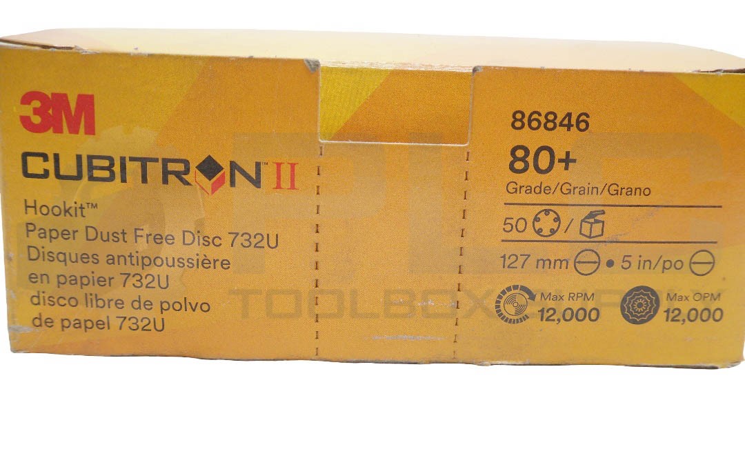 BOX OF 50 NEW 3M 86846 HOOKIT PAPER DUST FREE DISCS 732U, 80+ GRADE, 5″ DIA