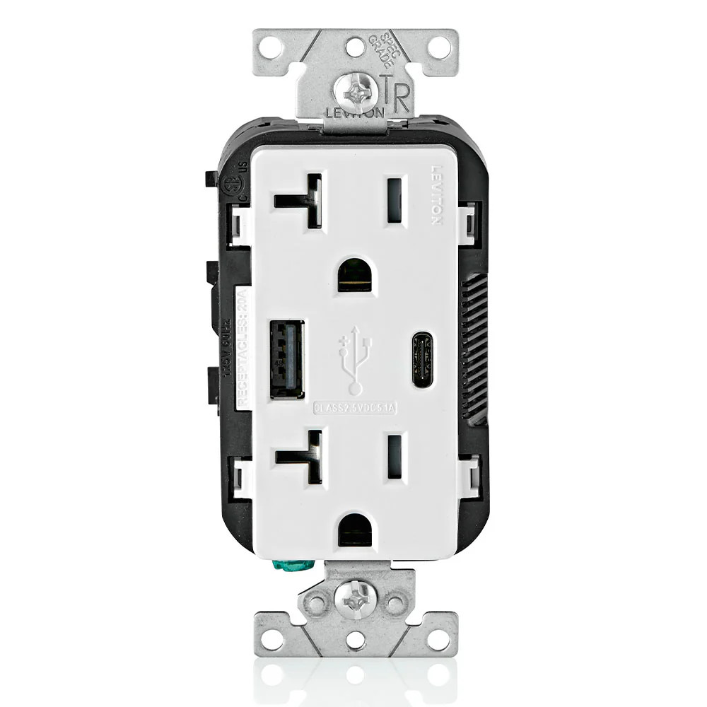 Leviton T5833-W Duplex Receptacle/Outlet & USB Charger 20A 125V NEMA 5-20R