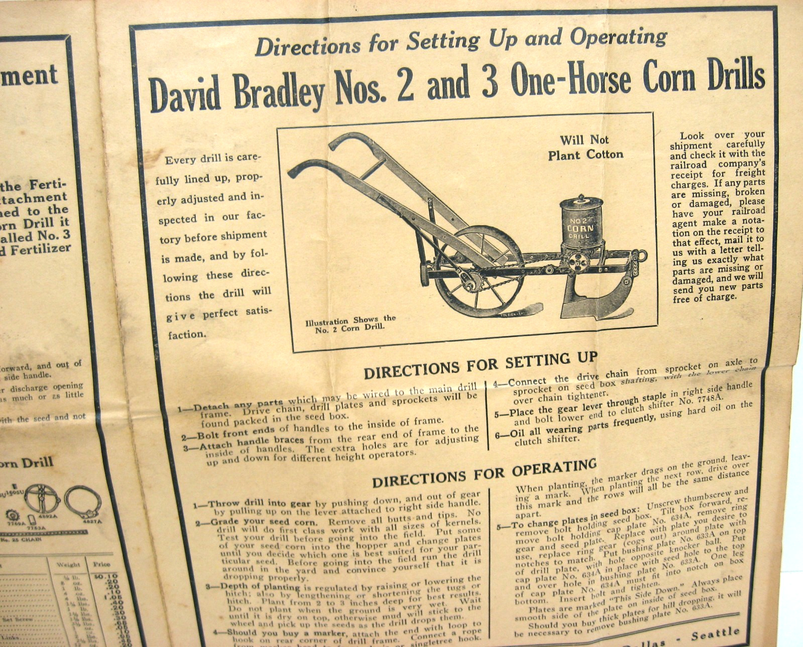 1924 DAVID BRADLEY Nos 2 & 3 Corn Drills Operating Instructions/Parts List SEARS