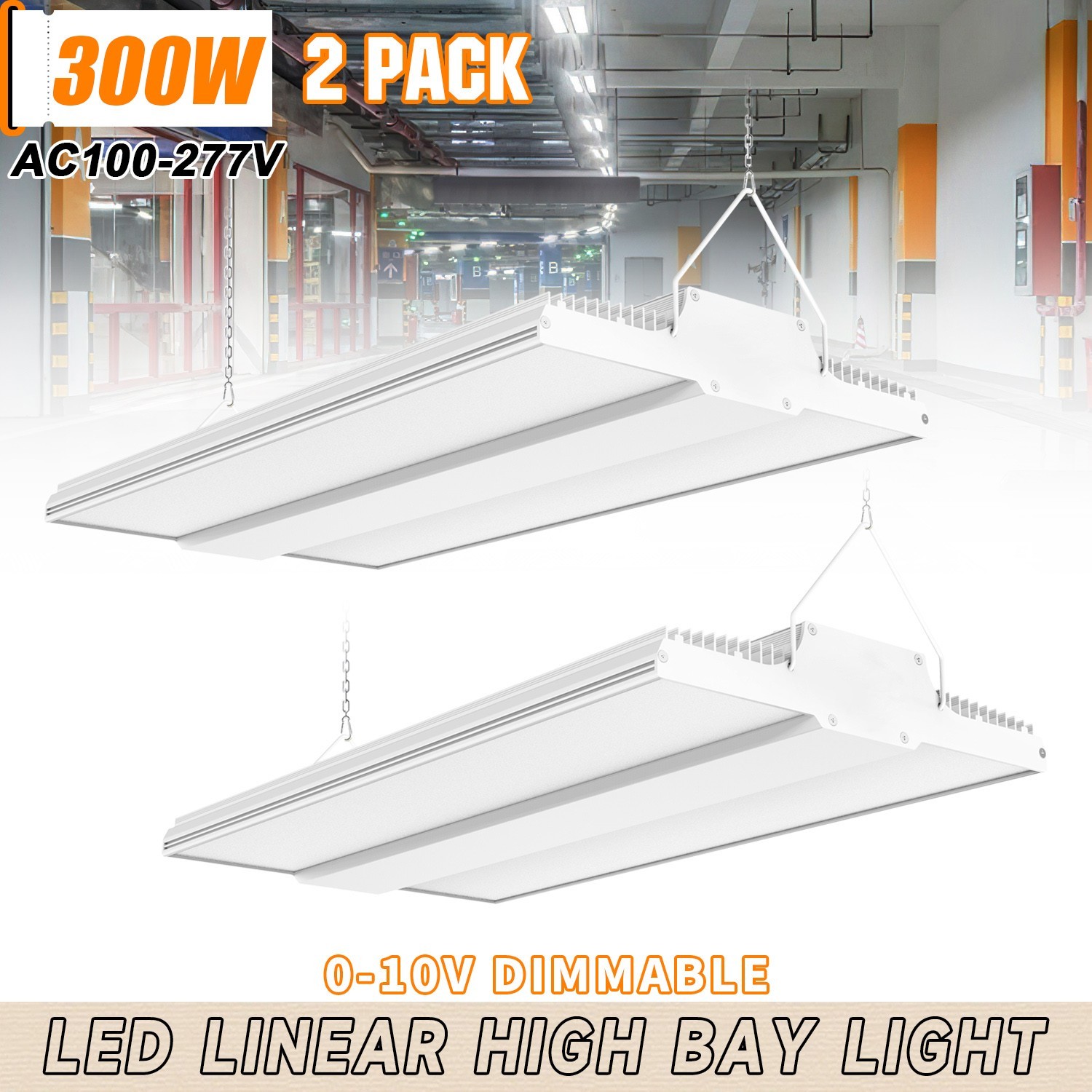 2PACK 300W Linear LED High Bay Light Commercial Warehouse Shop Lighting 45,000LM