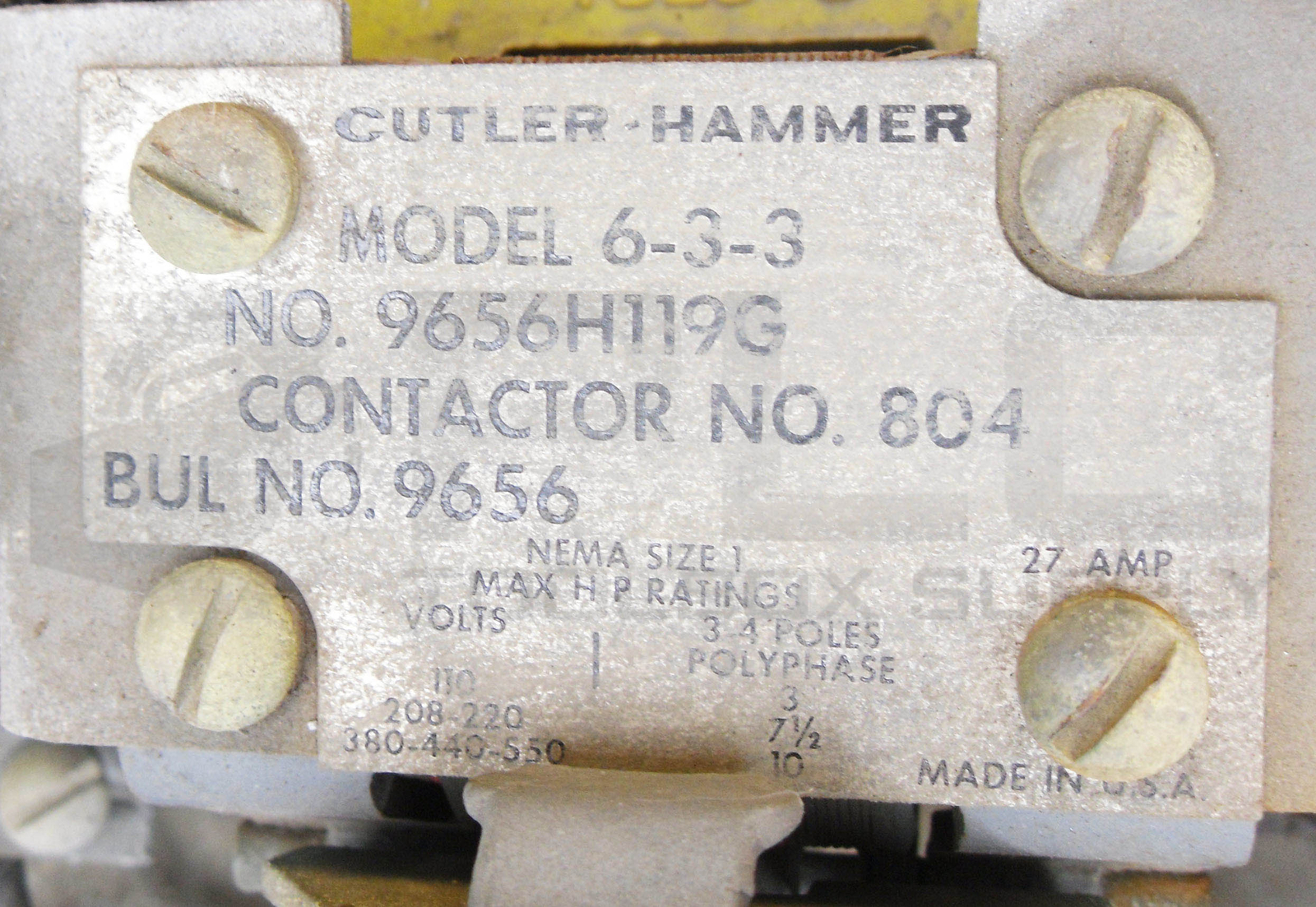 CUTLER HAMMER 6-3-3 CONTACTOR 550V 3-4 POLE 9656H119G 804 9656