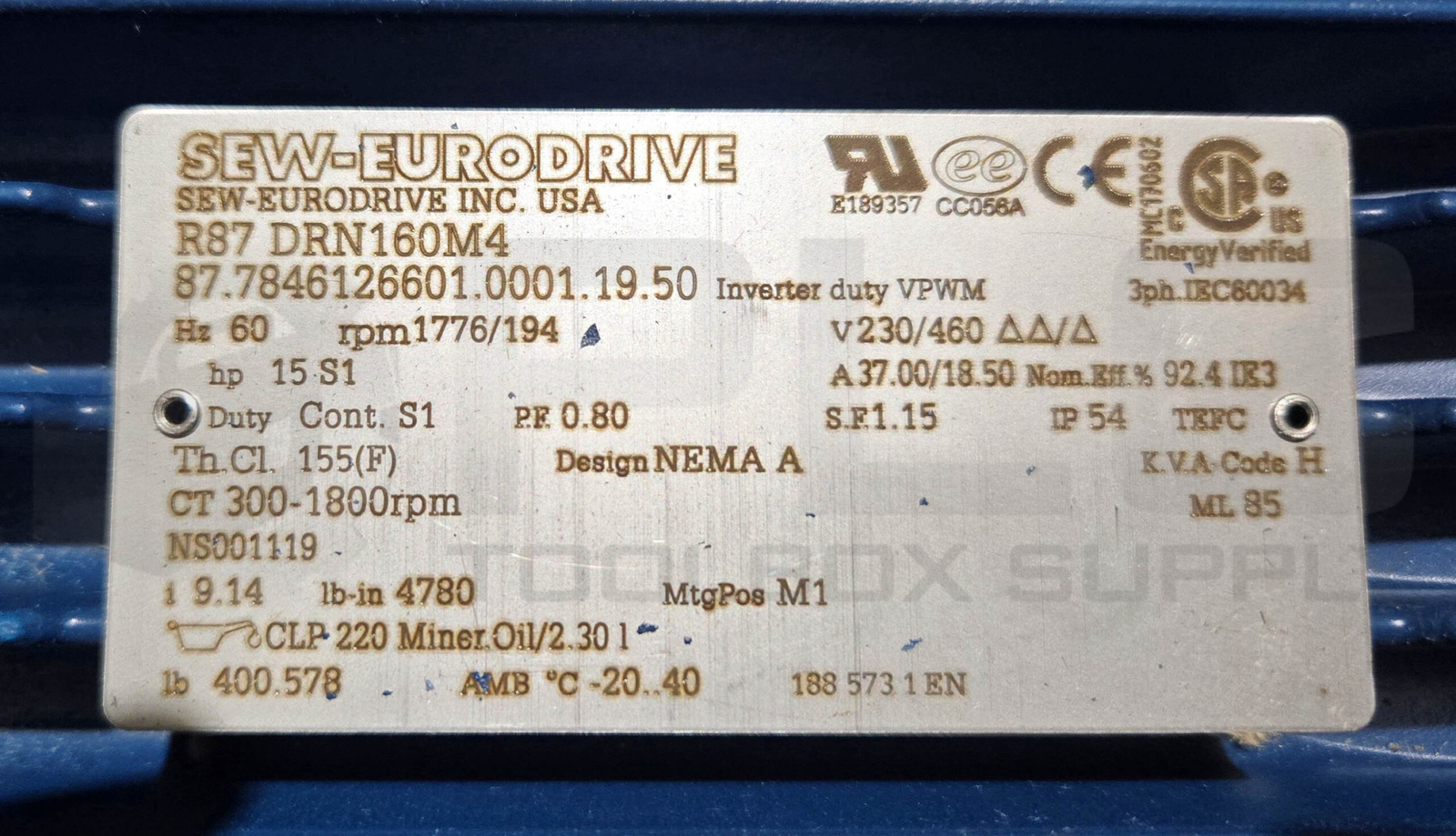 NEW SEW EURODRIVE R87 DRN160M4 GEAR MOTOR 15HP 1776RPM 87.7846126601.0001.19.50