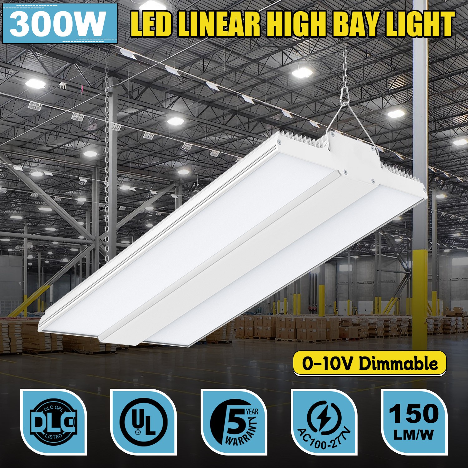 300W LED Linear High Bay Light Commercial Warehouse Shop Lamp 45,000lm UL Listed