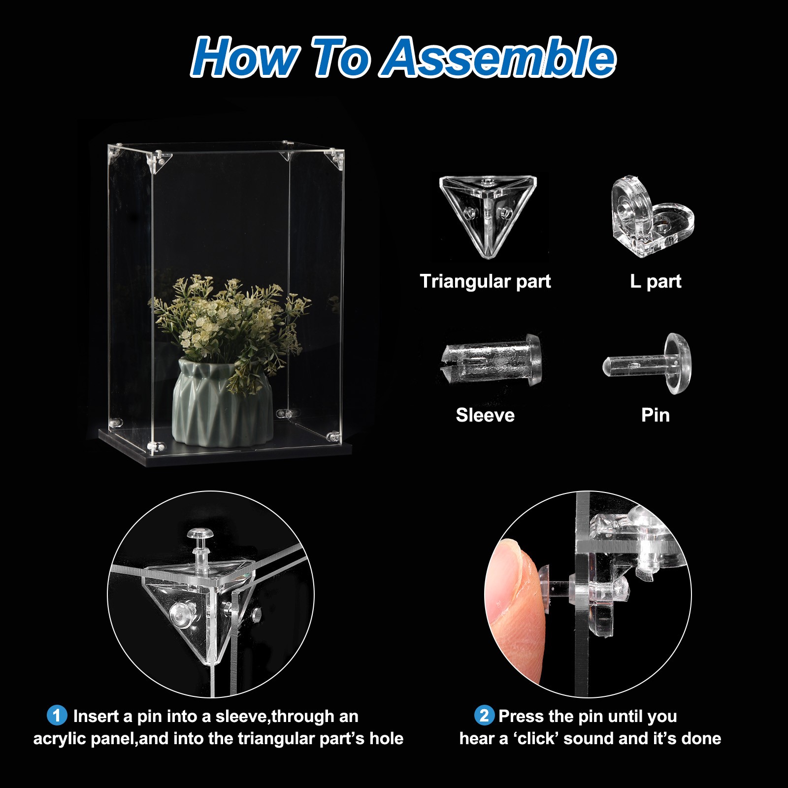 Acrylic Display Case Plastic Box Cube Storage Clear Small Assemble 8″x6″x11.8″