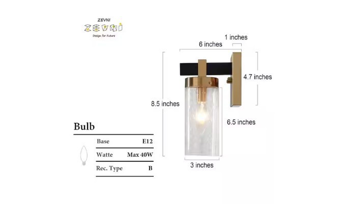 Zenvi Musom 1-Light Brass Gold/ Black Modern Wall Sconce, Seeded Glass