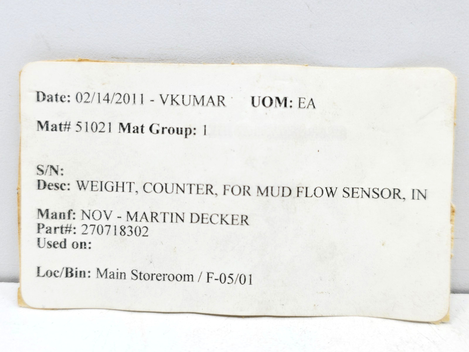270718302 COUNTER WEIGHT FOR MUD FLOW SENSOR NOV