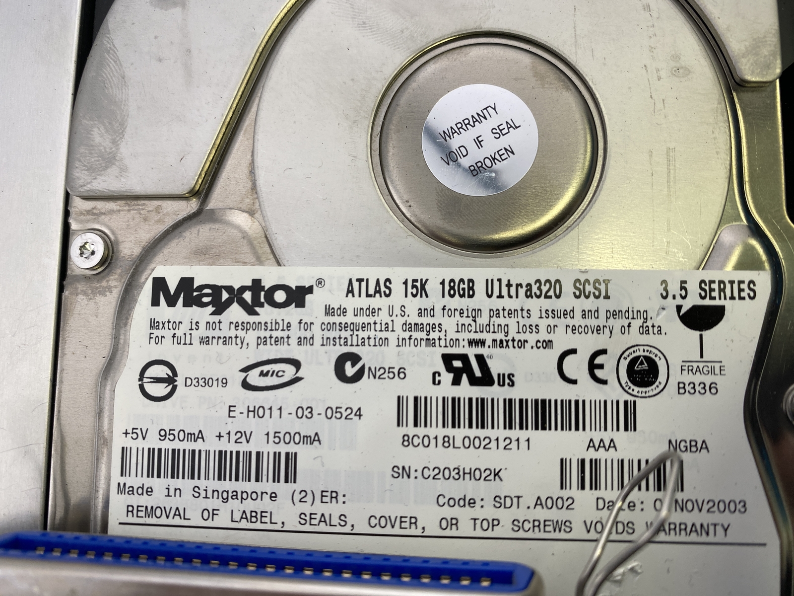 Maxtor Atlas 15K 18GB Ultra320 SCSI PN: E-H011-03-0524