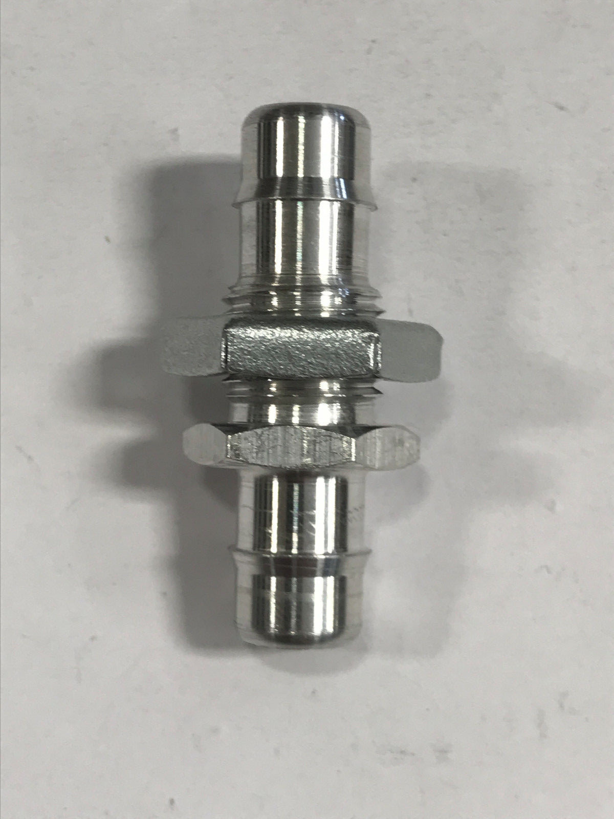 Aluminum bulkhead fitting 1/2-20 thread to 3/8 ID tubing barb both ends