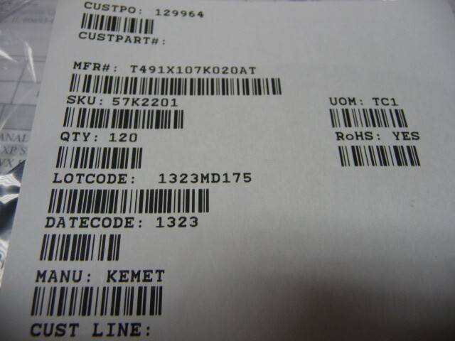 KEMET ELECTRONICS T491X107K020AT Qty of 50 per Lot CAPACITOR ELECTROLYTIC TANTA